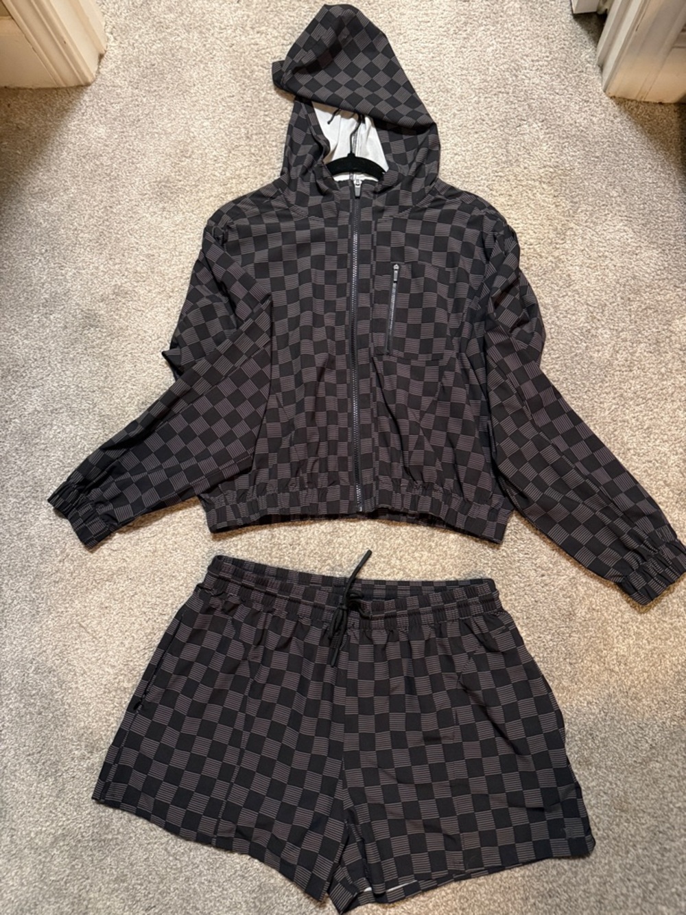 Hurley Checkerboard Zip Up Hoodie & Shorts Set - Black/Grey